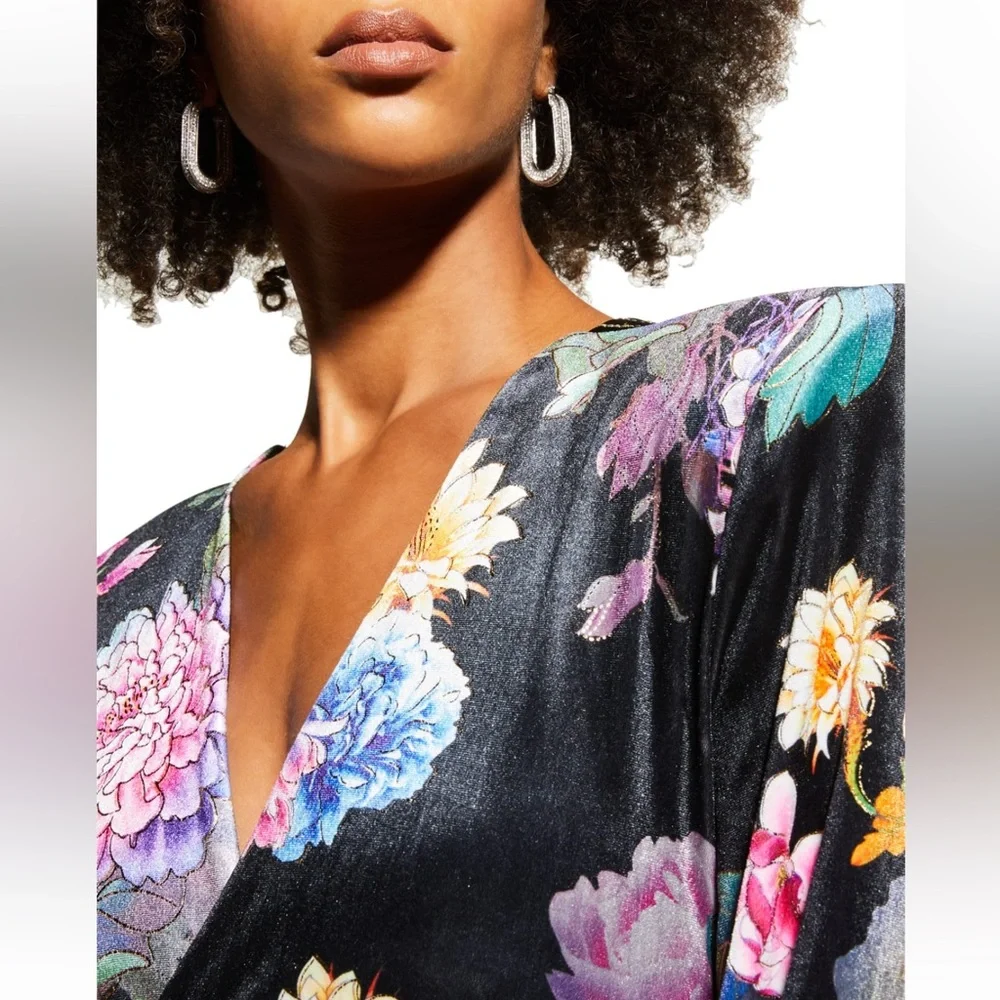 Zhivago Come Back Baby Belted Velvet Mini Floral Wrap Dress 4 Black - Picture 4 of 11